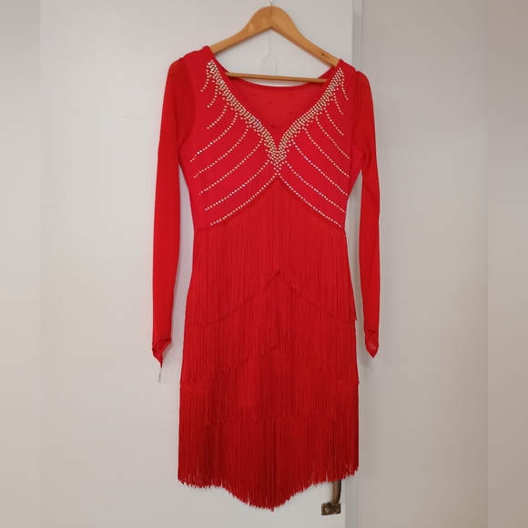 Long-Sleeved Red Fringe Rhythm Dress - Ballroom Dance - Picture 1 of 2